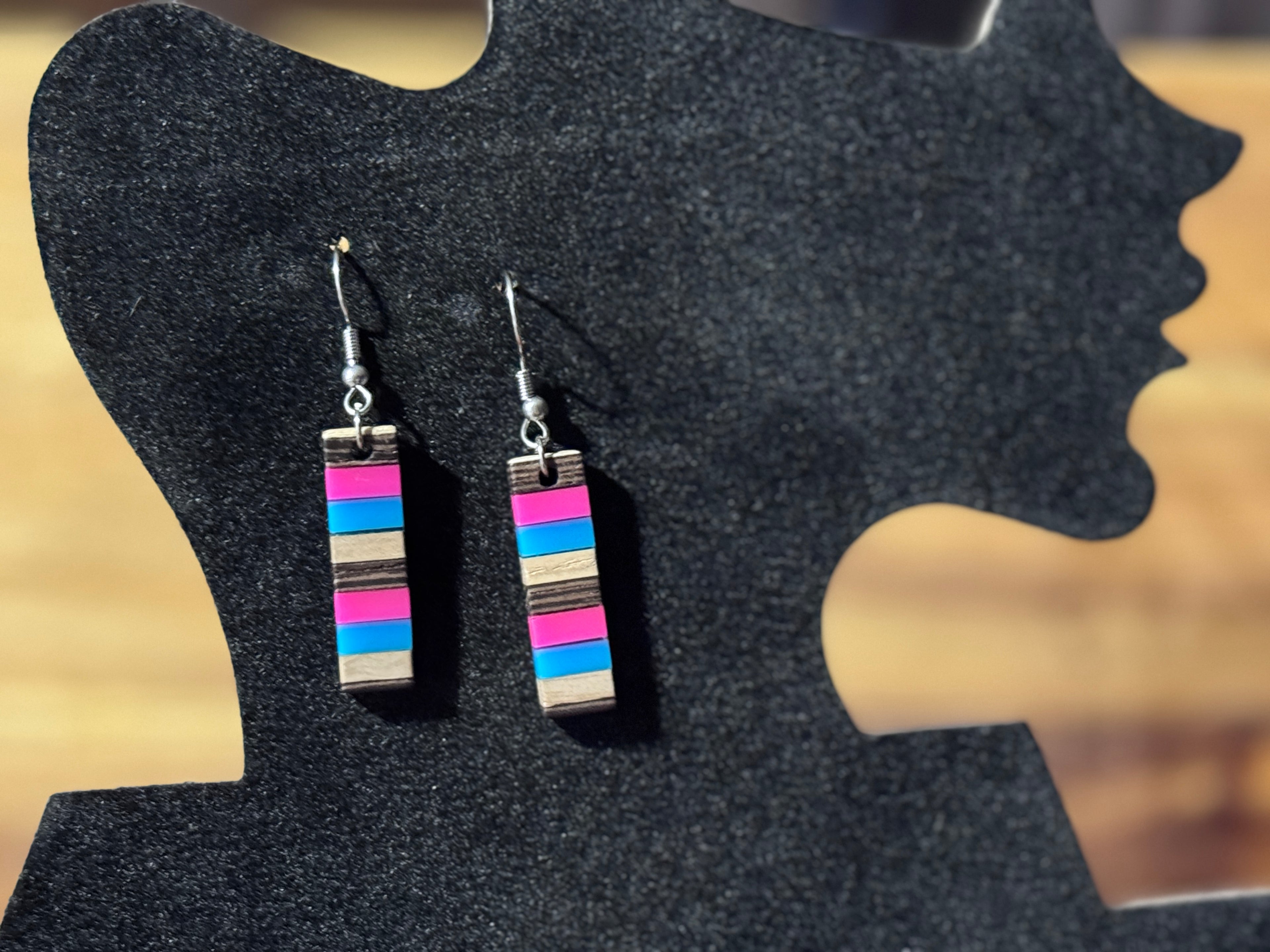 Vibrant layered wood and resin bar earrings/Hypoallergenic|Gifts for Her