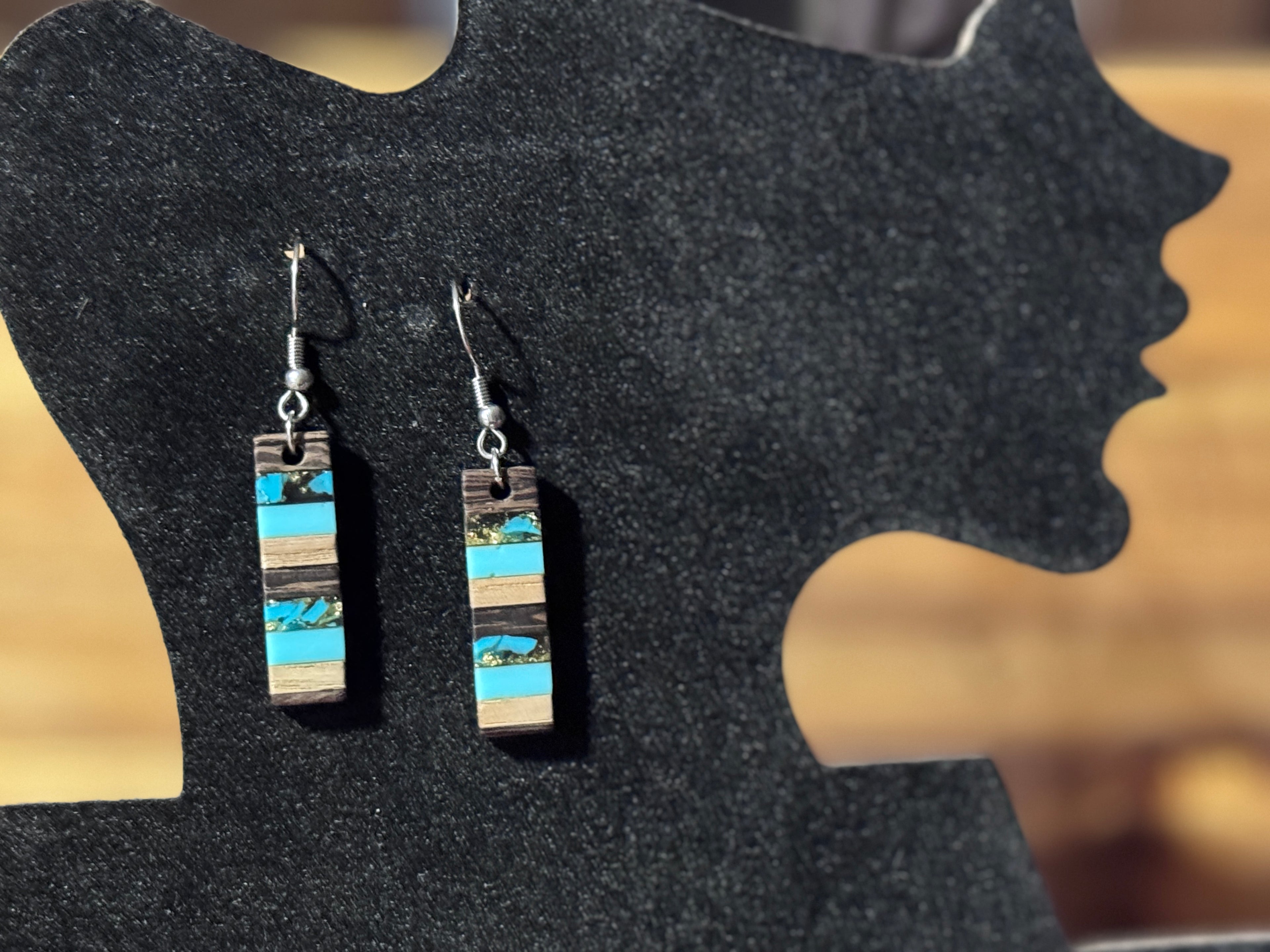 Modern wood and turquoise inlay dangle earrings/Hypoallergenic/Gift for Her