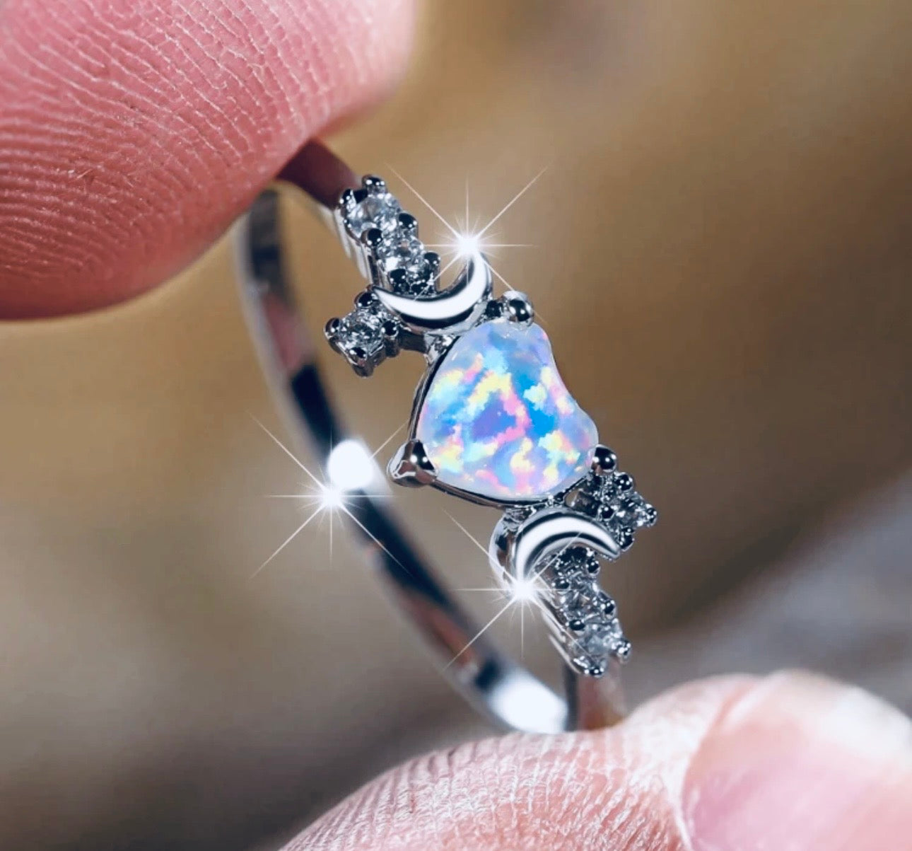 Celestial Heart Opal Ring/October Birthstone Ring/Promise Ring/Engagement Ring/Gift for Her