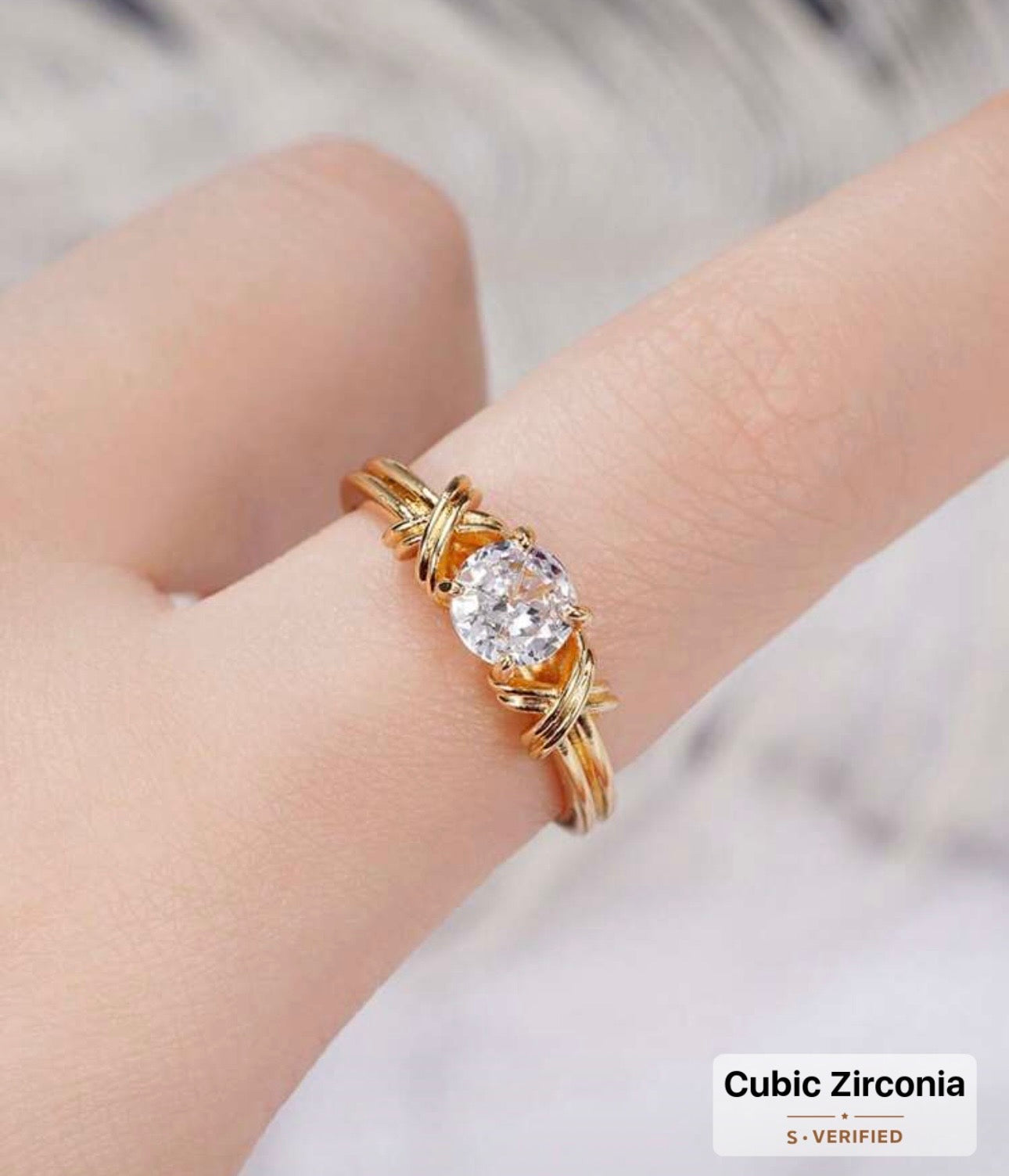 Elegant Gold-Toned Cushion Cut Cubic Zirconia Knot Ring