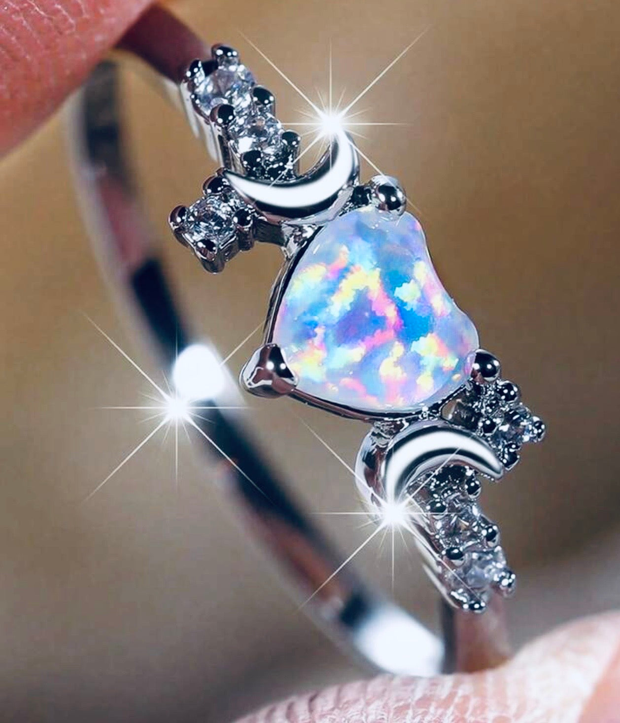 Celestial Heart Opal Ring/October Birthstone Ring/Promise Ring/Engagement Ring/Gift for Her