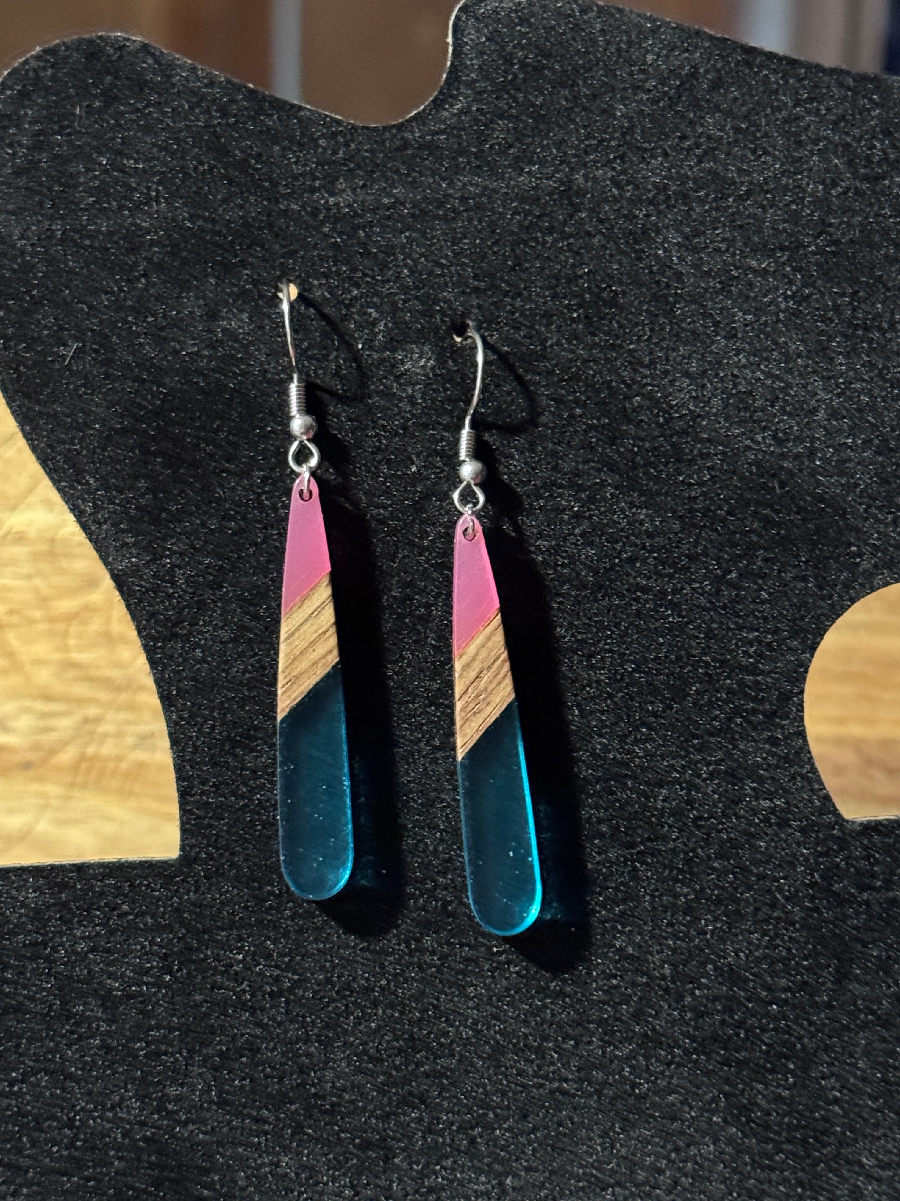 Vibrant wood and resin dangle earrings/Hypoallergenic/Gift for Her