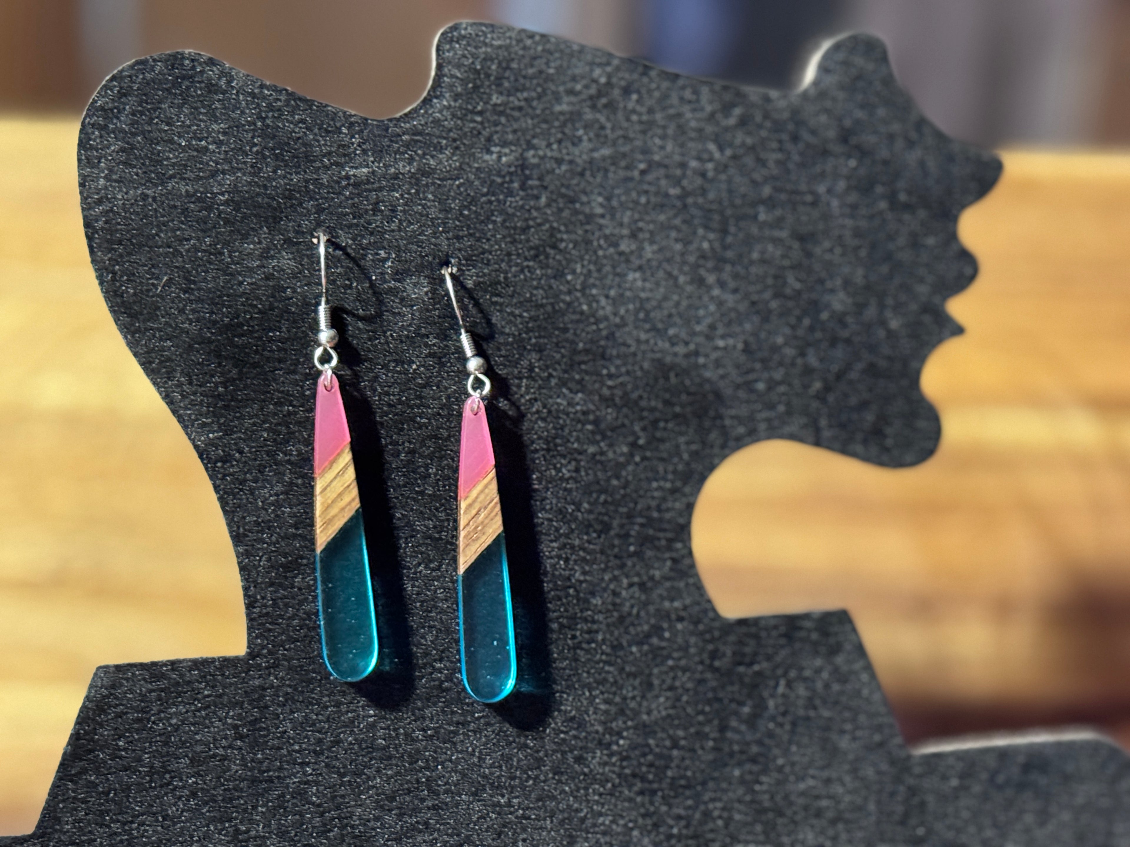 Vibrant wood and resin dangle earrings/Hypoallergenic/Gift for Her