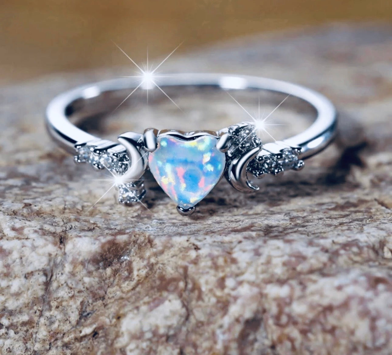 Celestial Heart Opal Ring/October Birthstone Ring/Promise Ring/Engagement Ring/Gift for Her