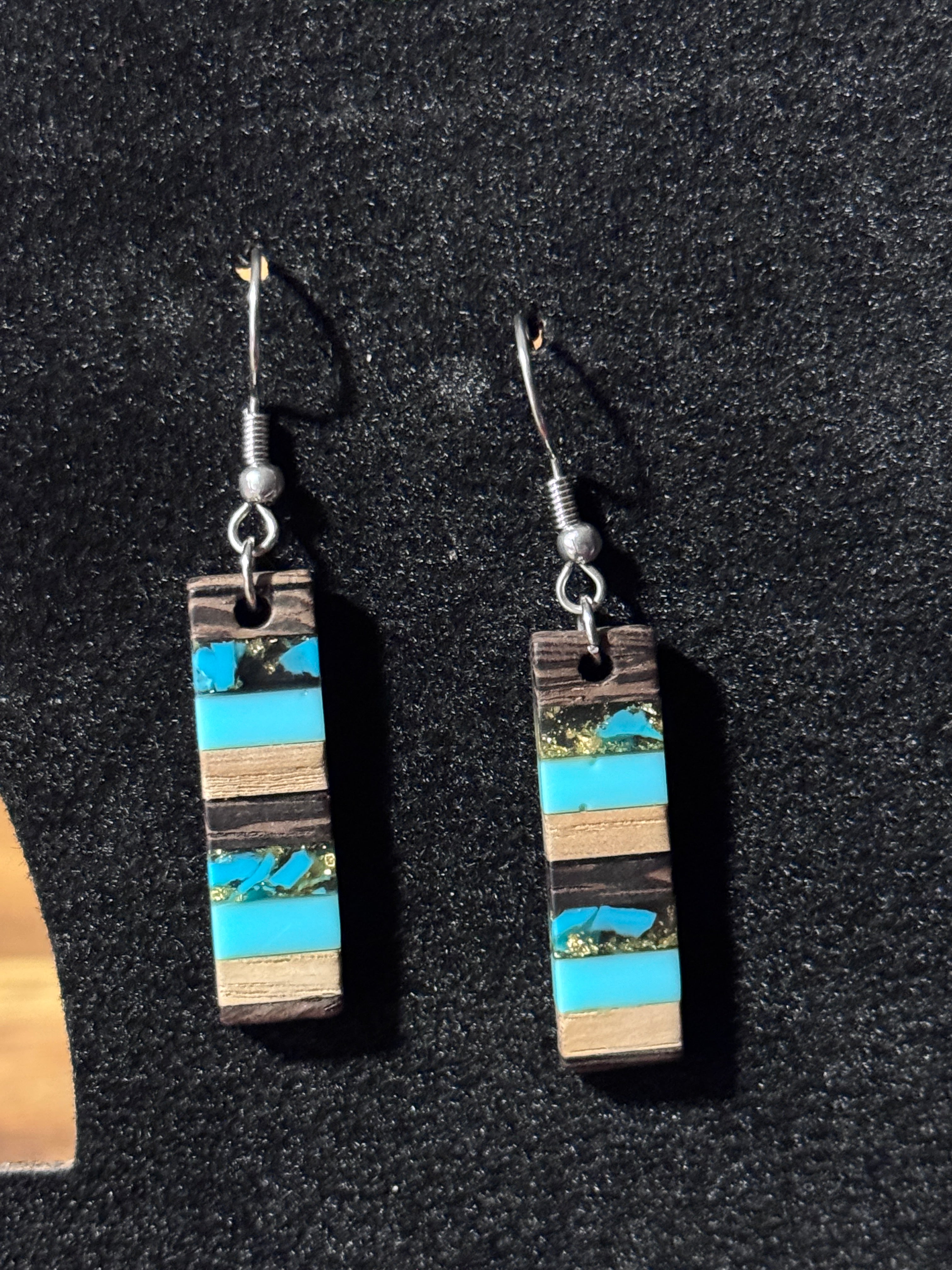 Modern wood and turquoise inlay dangle earrings/Hypoallergenic/Gift for Her