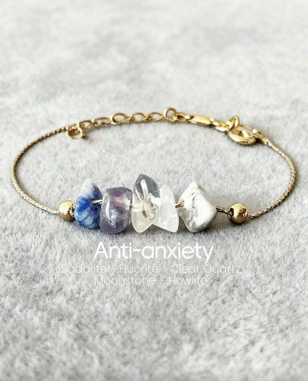 Anti-Anxiety Natural Crystal Sodalite Fluorite Clear Quartz Moons Bracelet/One-size/Gift for Her