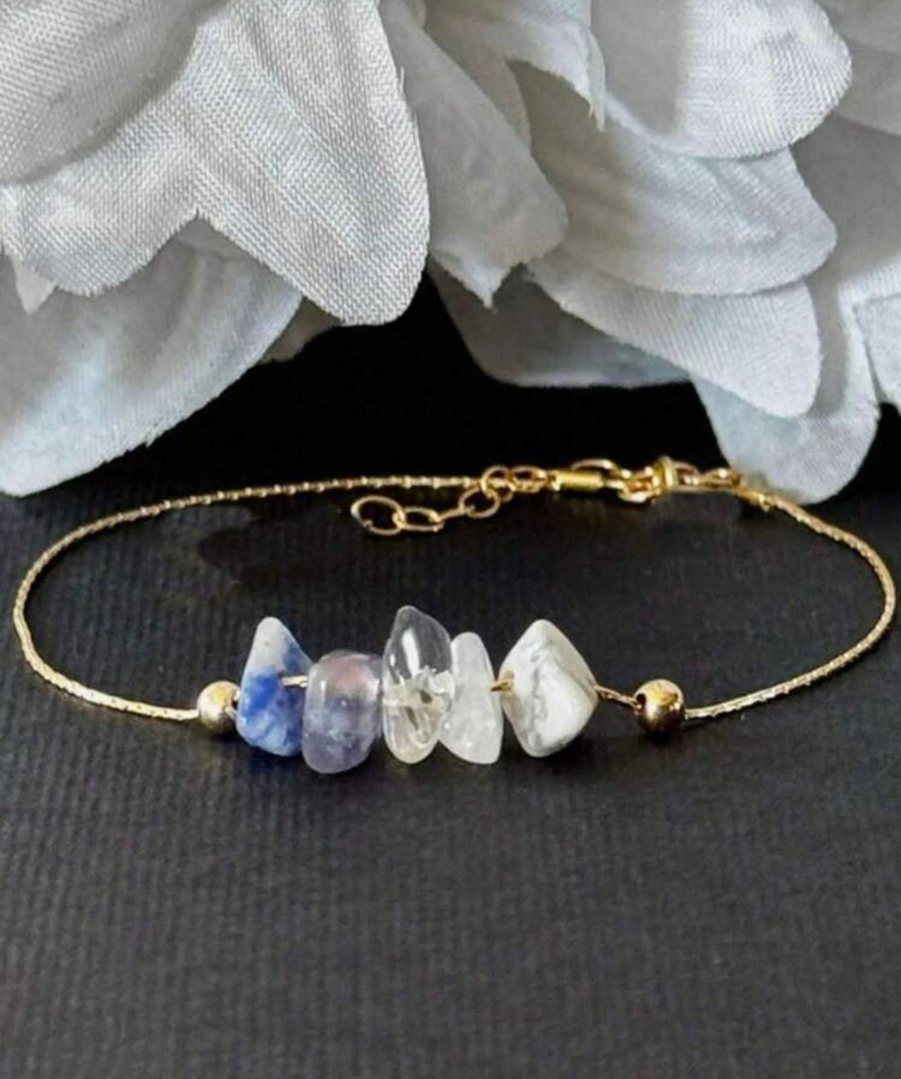 Anti-Anxiety Natural Crystal Sodalite Fluorite Clear Quartz Moons Bracelet/One-size/Gift for Her