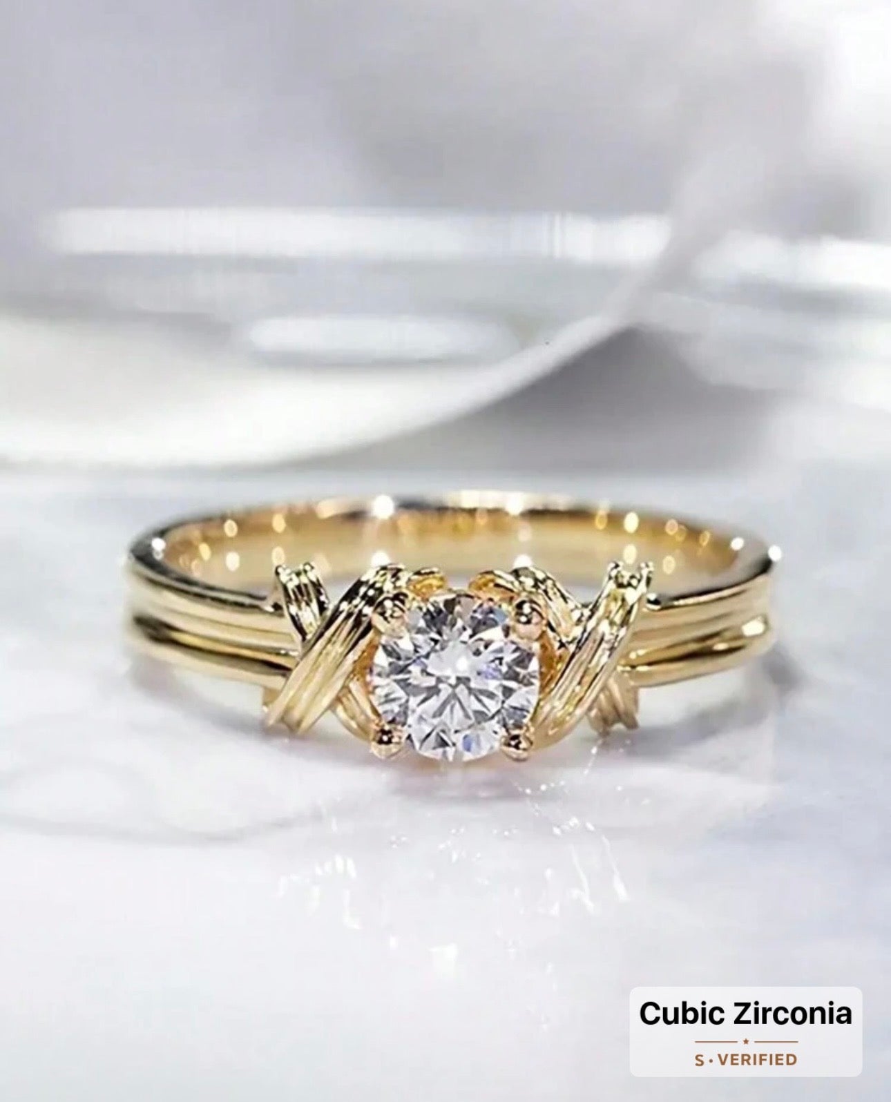 Elegant Gold-Toned Cushion Cut Cubic Zirconia Knot Ring